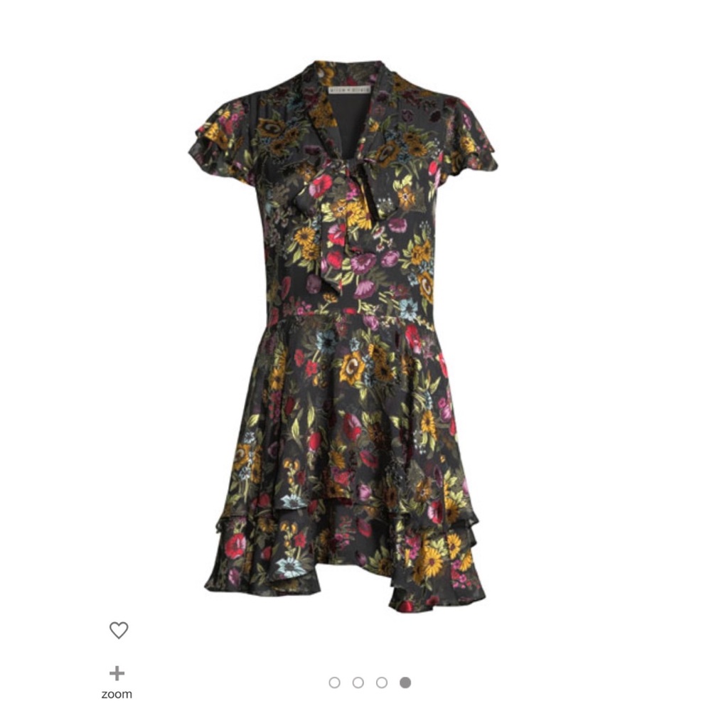 Alice + Olivia Black Floral Tie-Neck Ruffle Dress
